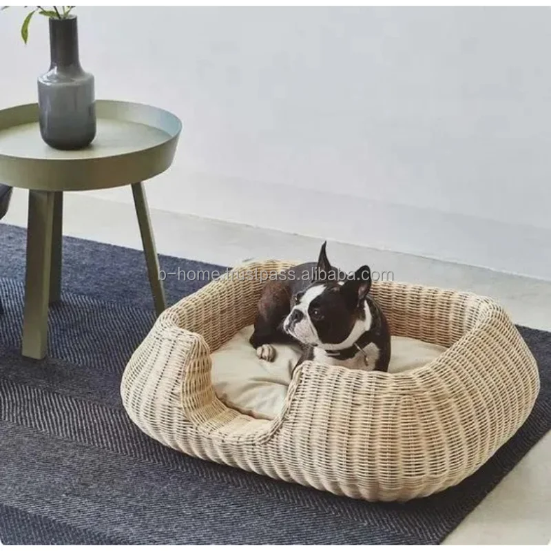Wholesale Natural Rattan Pet Bed from Vietnam Hand Woven in Blue and Pink Breathable Wicker Material Direct Buy