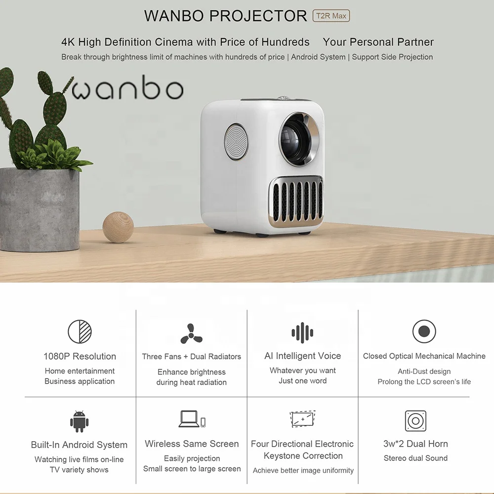 Wanbo t2r max 4k bluetooth pico кино все в одном наружный проектор для домашнего кинотеатра светодиодный мини