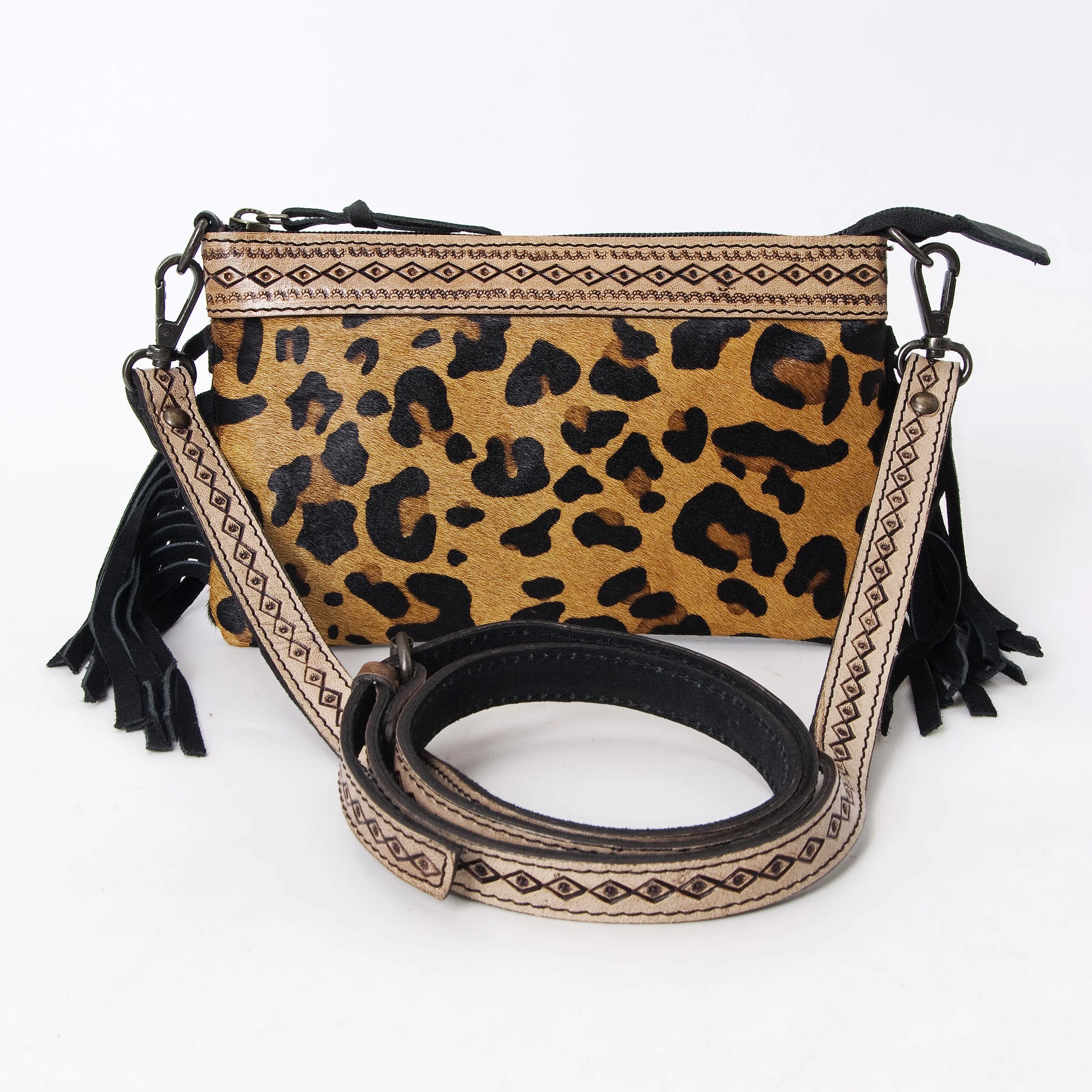Women Small Crossbody Bag Made of Jaguar Print Vegetable Tanned Hairon Cowhide With Matching Hand Carved Straps Customization