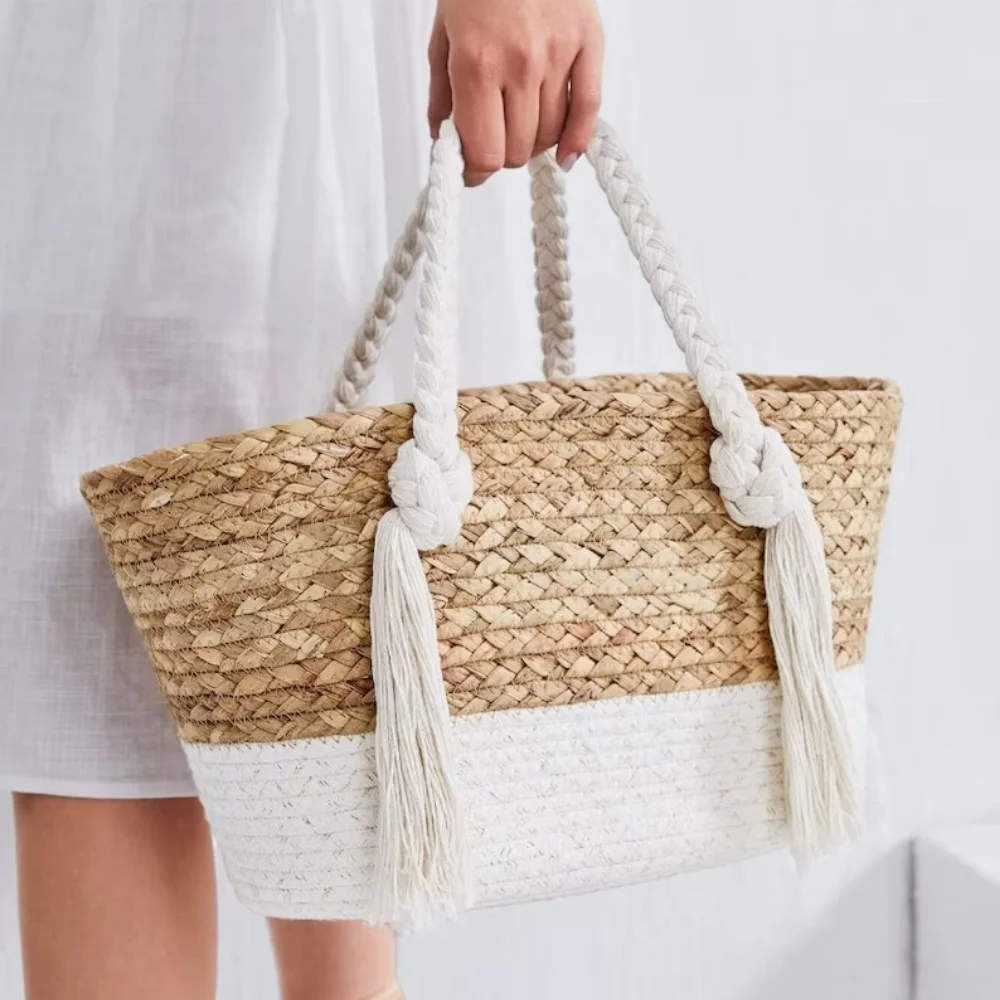 New arrival high quality seagrass cotton women tote beach picnic travel bag handwoven made in Vietnam