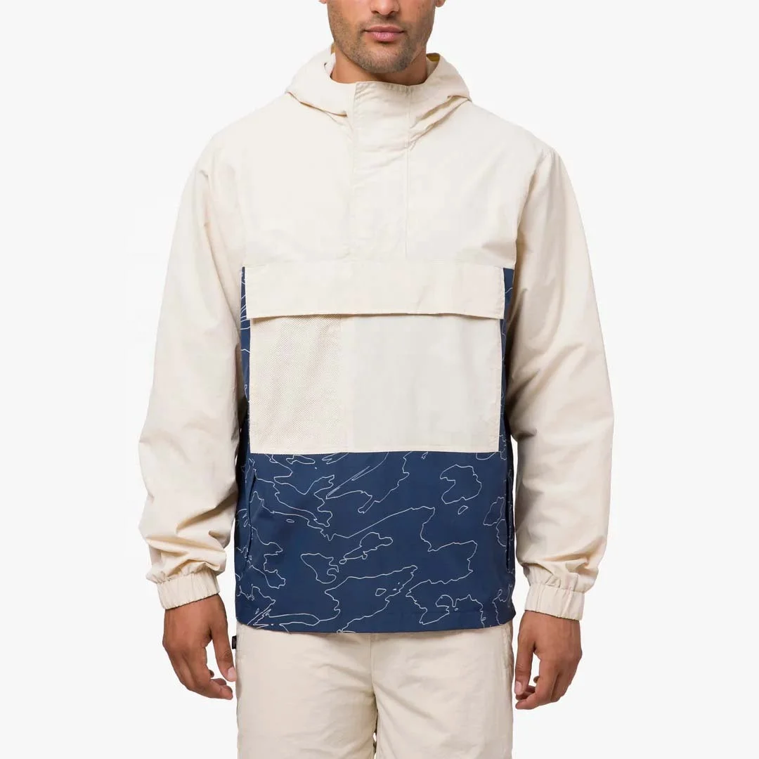Breathable Wholesale Custom Logo Windproof Patchwork Jacket Custom Mens Half Zip Hoodies Pullover Anorak Windbreaker Jacket