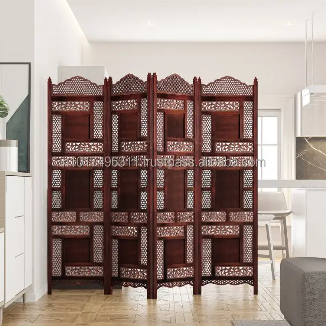 Handcrafted 4 Panel Wooden Room Partition & Room Divider ( Red) Solid Wood Decorative Screen Partition  (Free Standing)
