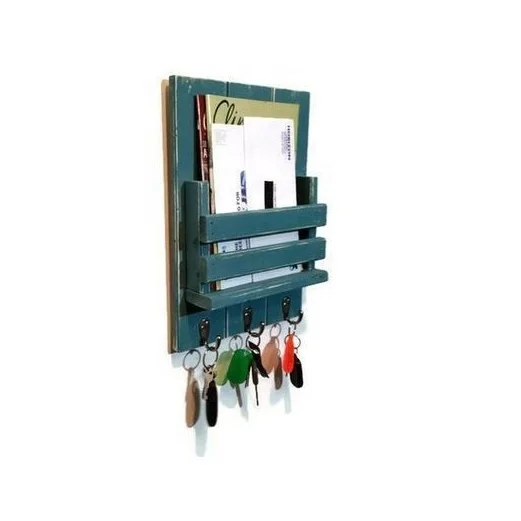 Vintage blue rustic Wood Wall Mounted Mail Holder with 6 Key Hooks for living room decoration