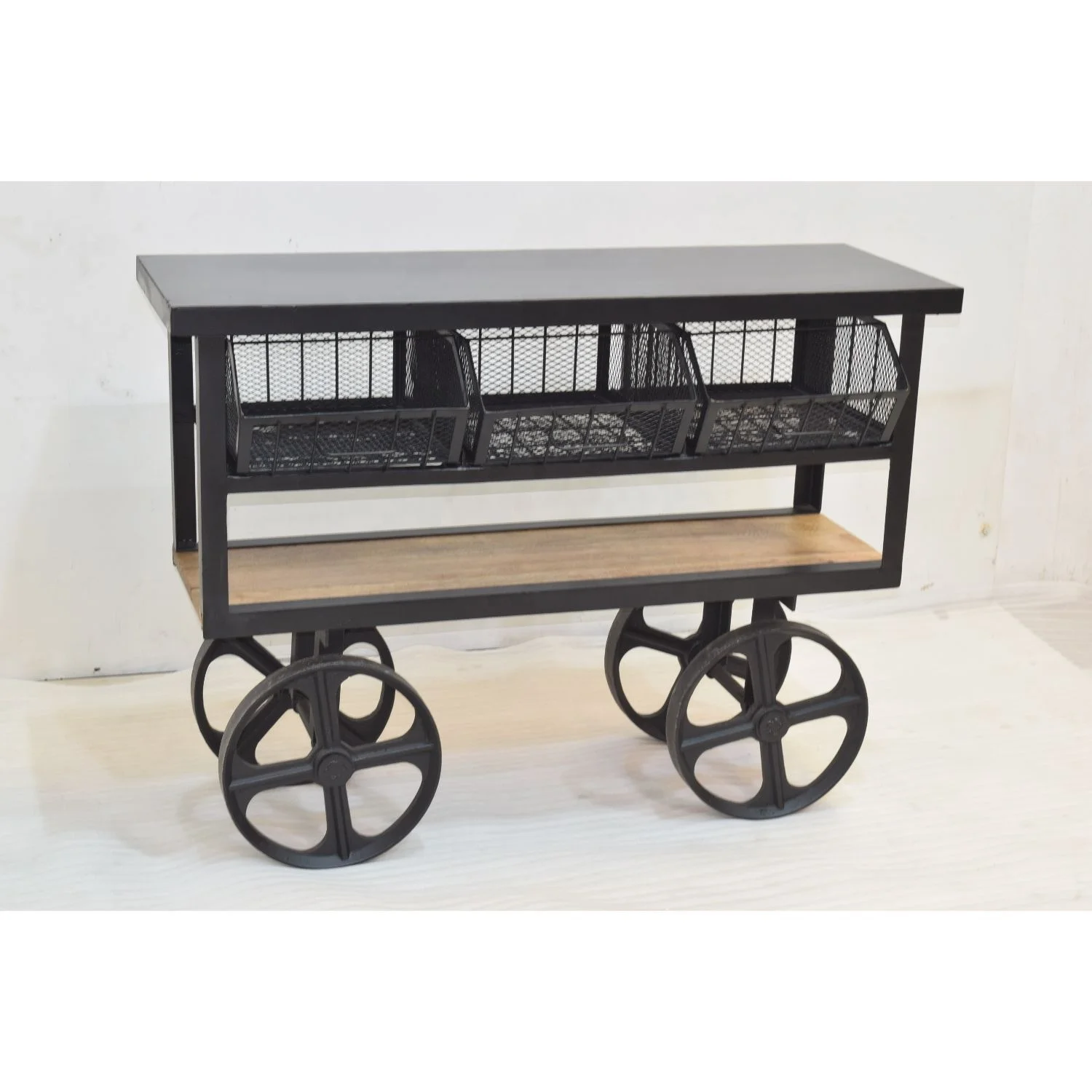 Iron Mesh 3 Bin Shelf 4 Cast Iron Wheels Industrial Retro Style Retail Store Display Storage Trolley