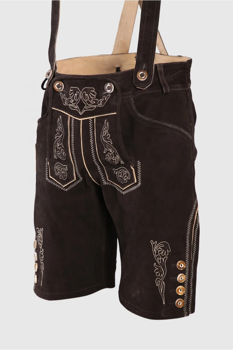 Bavarian Lederhosen Custom OEM Design Short Length Men Lederhosen In Cow-Hide Suede Leather Made Dark Brown Color Lederhosen