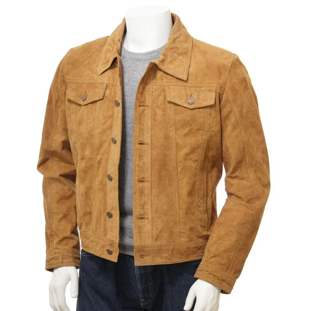 Mens 100% Leather Casual Fitted  Western Trucker Jacket Available in Leather or Suede Finishing