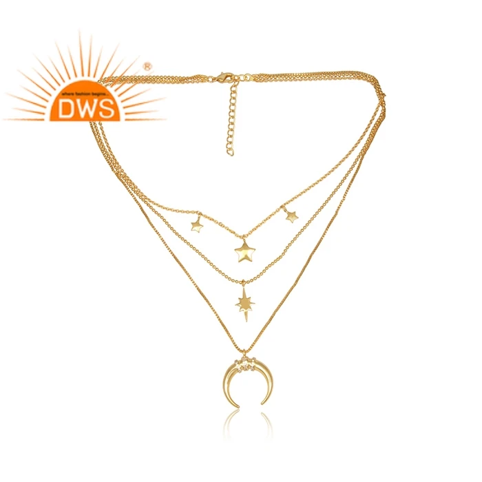 White Zircon Set Moon And Star Charms Triple Chain Brass Gold Plated Necklace Jewelry Wholesaler