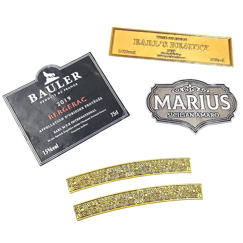 GH-Printing Curved Aluminum Metal Wine Whiskey Bottle Label Sticker Metal Wine Label