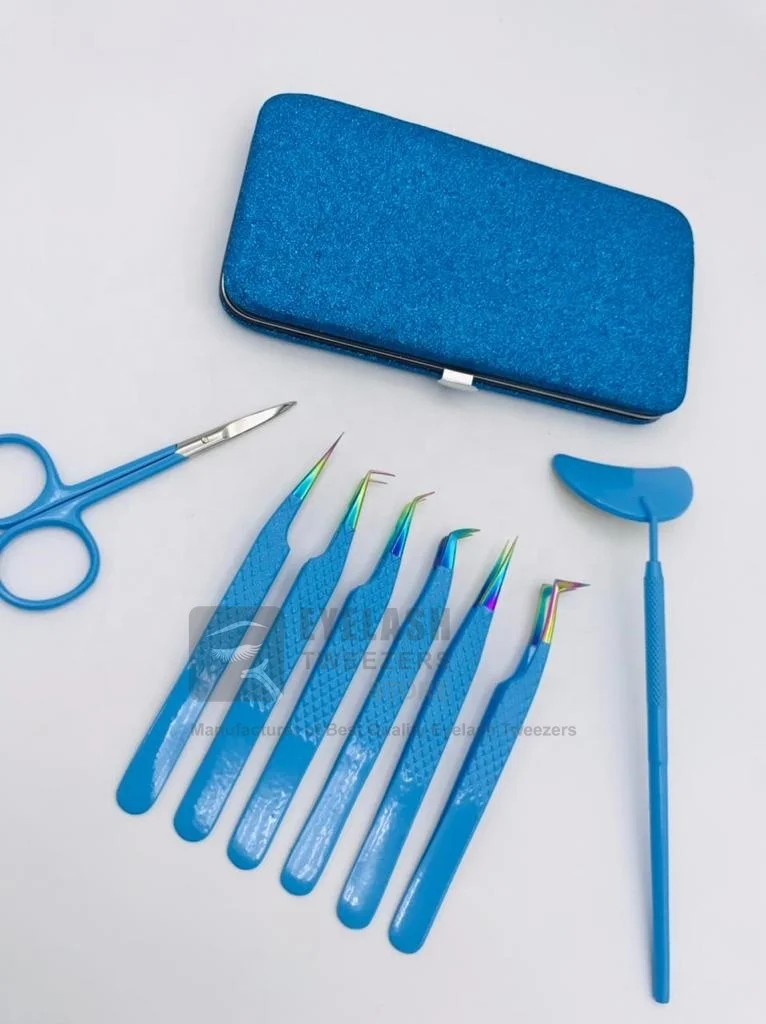 Sky Blue Color Coated With Rainbow Tip Sustainable Steel Diamond Grip Private Label Eyelash Extension Tweezers Lash Tweezer