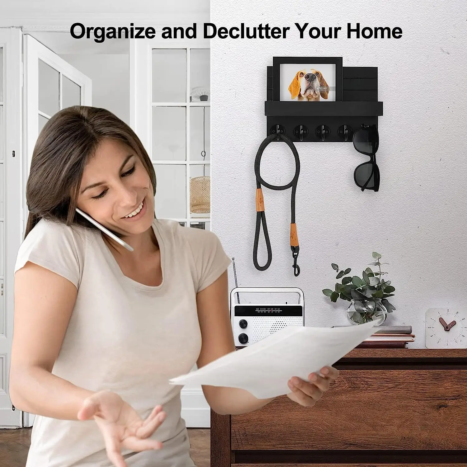 Decorative Key and Mail Holder with Shelf Has Large Key Hooks for Bags, Coats, Umbrella Key Holder for Wall