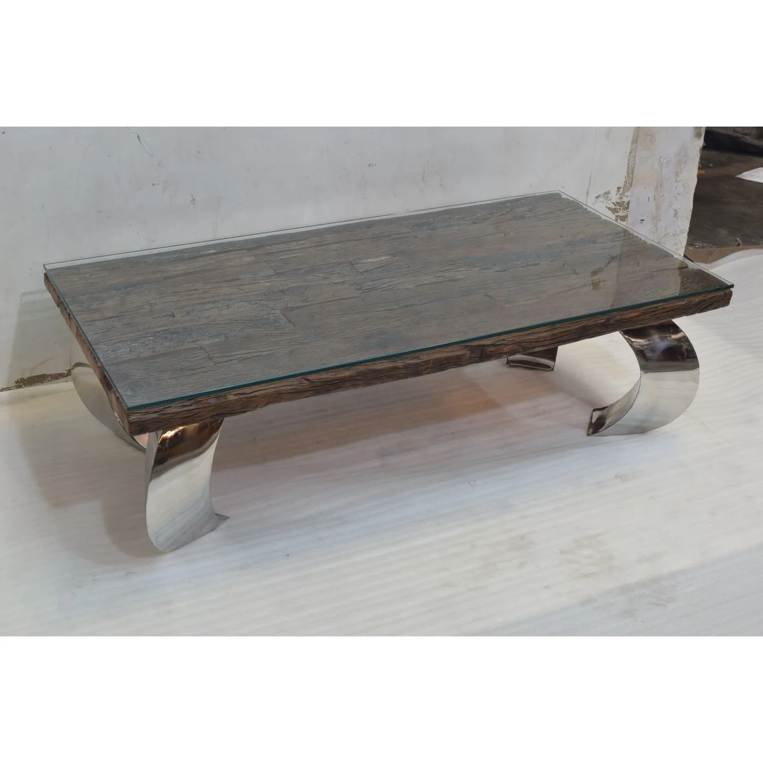 Reclaimed Old Railway Sleeper Wood Top Chrome Finish  Leg Glass Coffee Table Home Office Hotel Villa