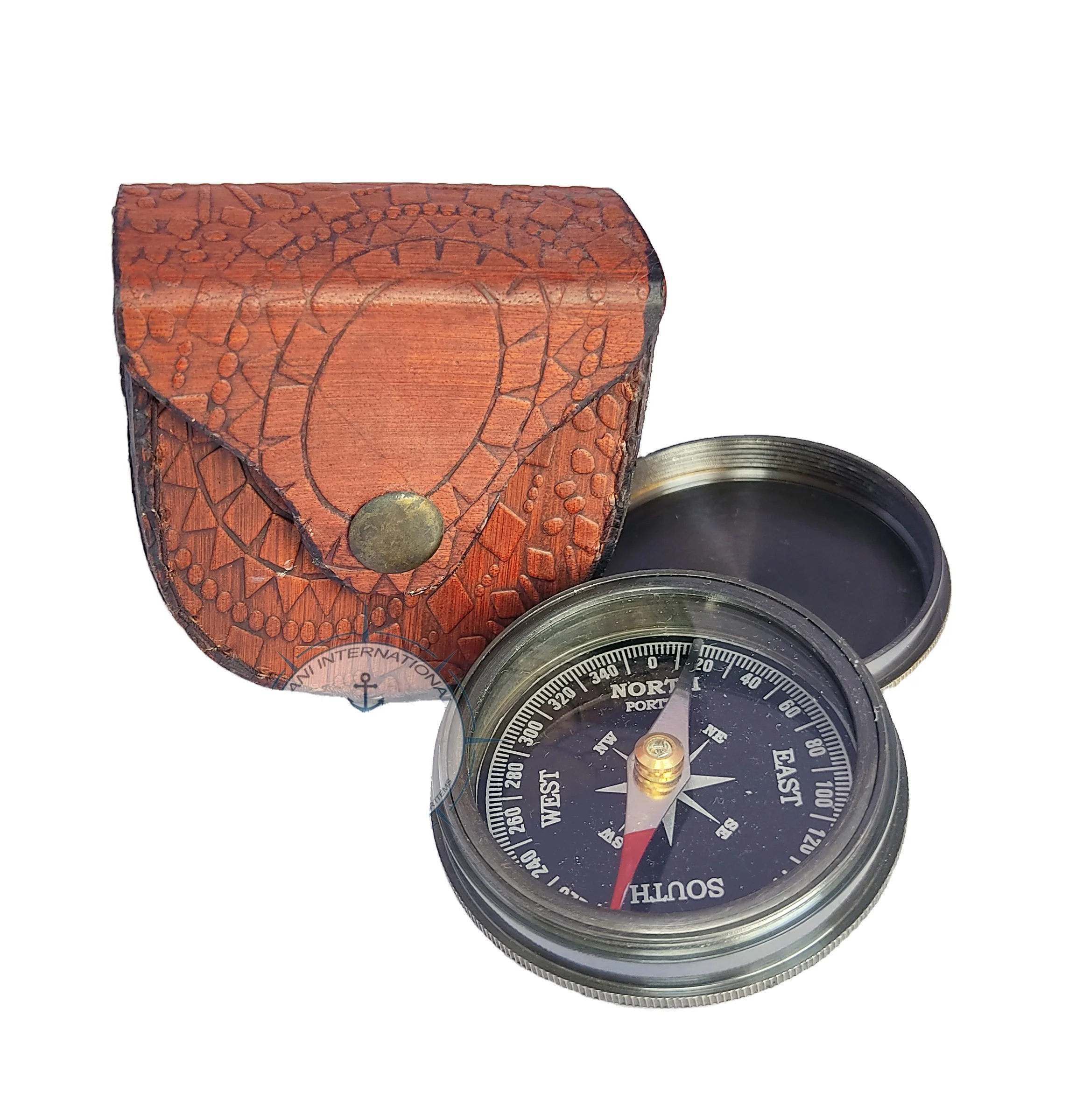 Nautical Vintage Style Brass Pocket Compass with Leather Case Magnetic Compass Gift