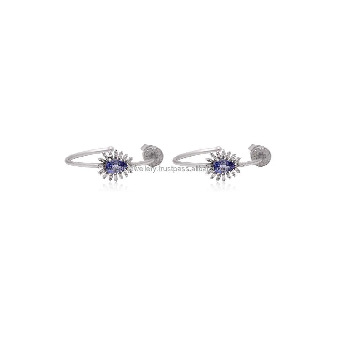 18k White Gold Pear Blue Sapphire Earrings Diamond Half J-Hoop Earrings With Push Back Earrings For Women