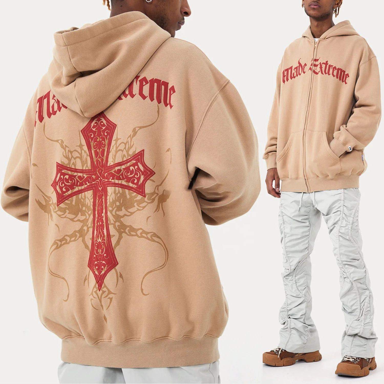 Streetwear Puff Printed Hoodies Vintage Brown Full Zip Up Hoodie For Men