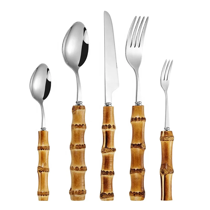 Royal Restaurant Stainless Steel Wholesale Stainless Steel Knife Spoon And Fork Bulk Flatware With Bamboo Handle