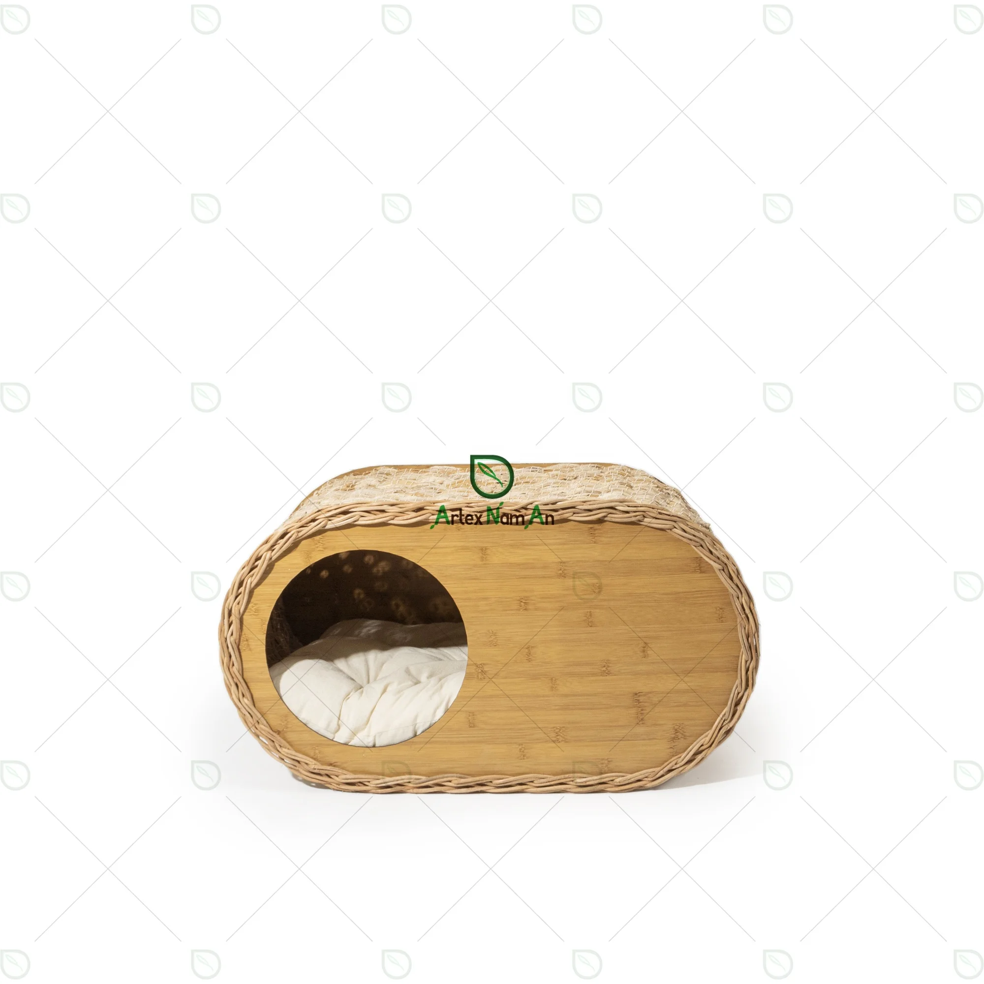 Modern wood & banana cat house cat bed indoor with soft cushion/pet cat furniture luxury cat cave/hand woven wicker pet nest