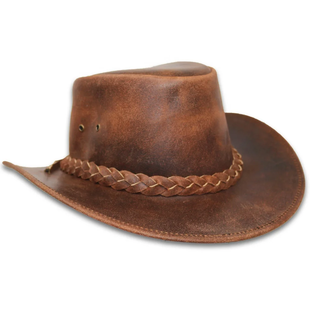 Vintage Brown Western Aussie Style Real Crazy Horse Leather Cowboy Bush Hat with Chin Strap Finest Quality