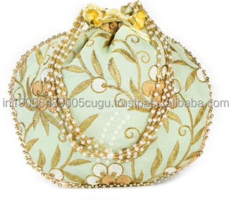 Indian Embroidery Silk Potli Womens Handbag Wedding, Sangeet, Haldi, Mehndi Favor Return Gift Bag Drawstring Potli Purse for her