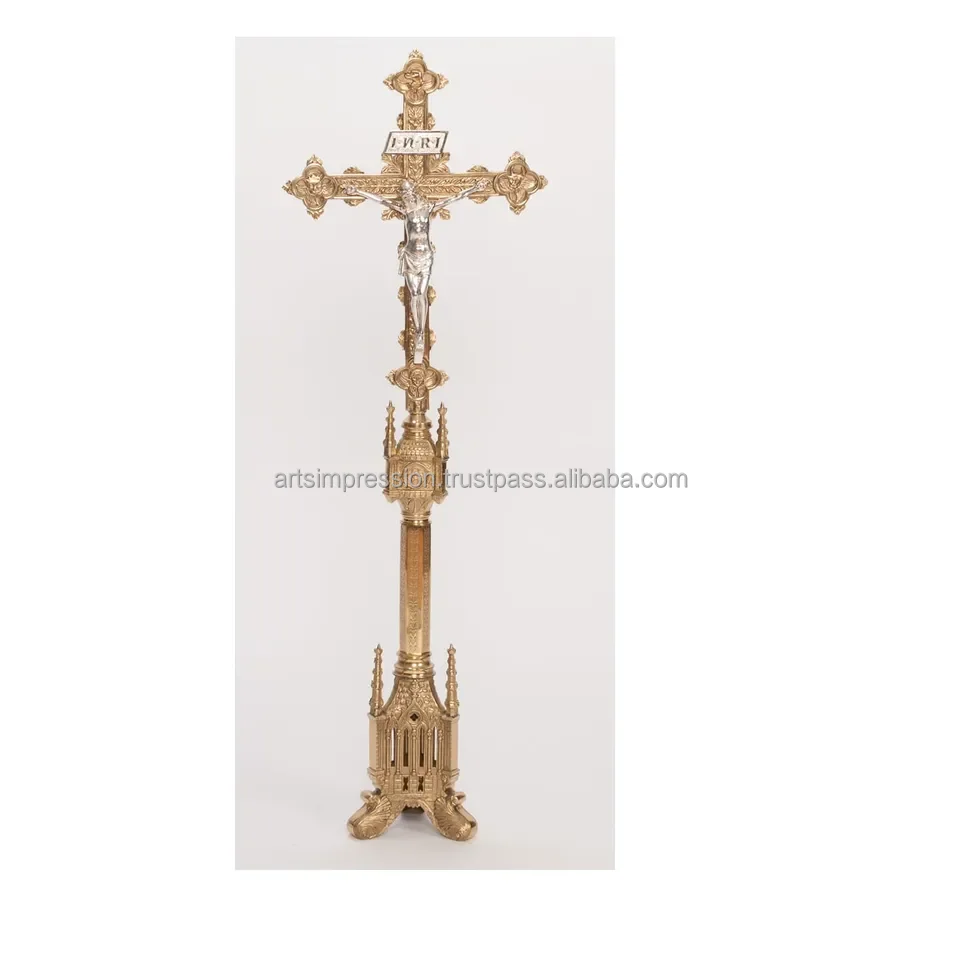meta brass stylish church cross with candle bowl high quality home decor metal Christian church art metal hanging church cross
