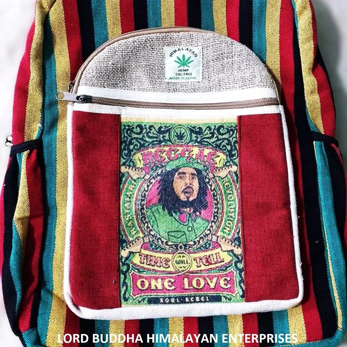 Nepal Made Hemp Backpack with Cotton Lining String Closure and Detachable Handle Featuring Character Pattern