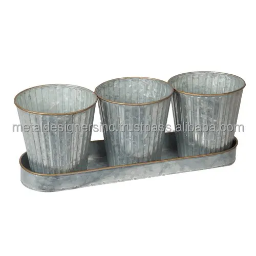 Set Of 3 Metal Planter Tray With Round Herb Pots Planter With handle Tray For Indoor And Outdoor Flower Pot Garden