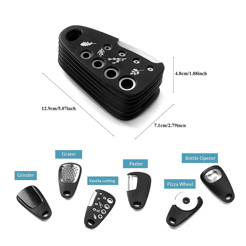 6-Piece Kitchen Gadgets Set - Cheese Grater - Bottle Opener - Fruit Peeler - Pizza Cutter - Ginger Grinder - Herb Stripper