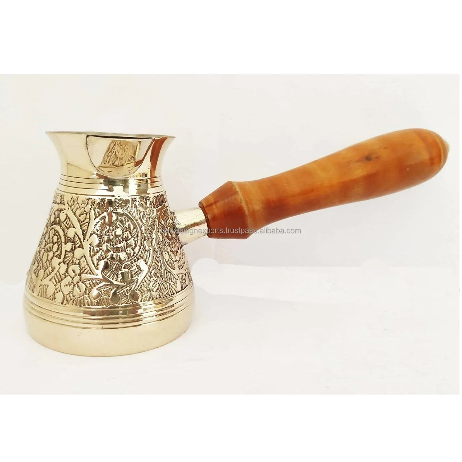 Golden Turkish Greek Arabic Coffee Pot Brass Metal Coffee Maker Cezve Ibrik Briki with Wooden Handle ( Medium - 13 Oz)