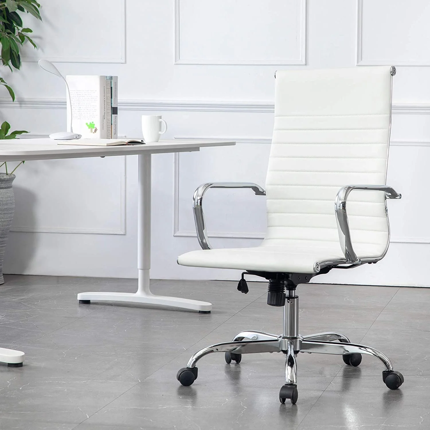 High back luxury comfortable executive manager white leather desk office computer chair with arms