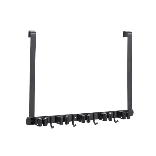 Stainless Steel Over The Door Broom Holder with Hook Broom Storage Tool Organizer for Laundry Matte Black Hanging Mop Holder