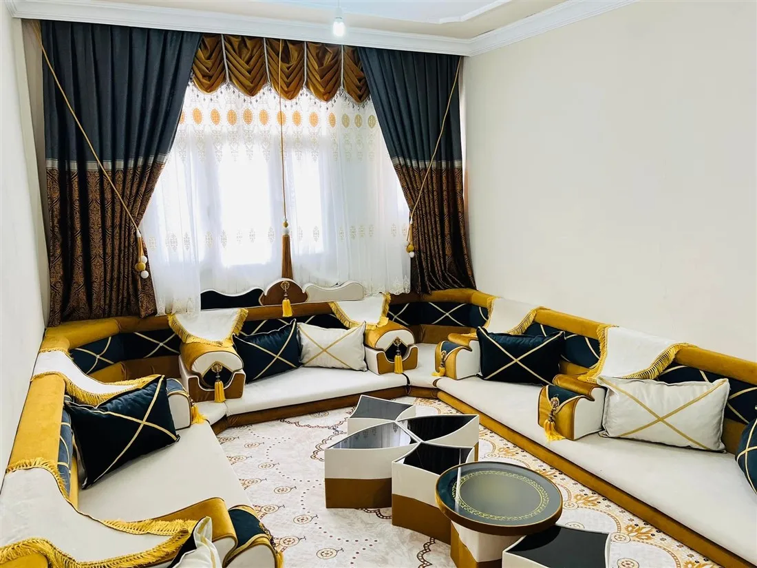 Ottoman Style Sofa Arabic Majlis Oriental Floor Seating | Sitting Height 15cm  |  Sofa + Wool Carpet + Curtain + Table Set FULL