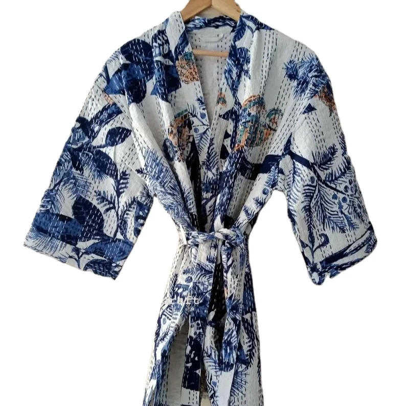 Kantha Robe, Kantha Jacket, handmade Floral Print kantha jacket, Japanese style kantha robe, winter jacket l, boho tie belt coat