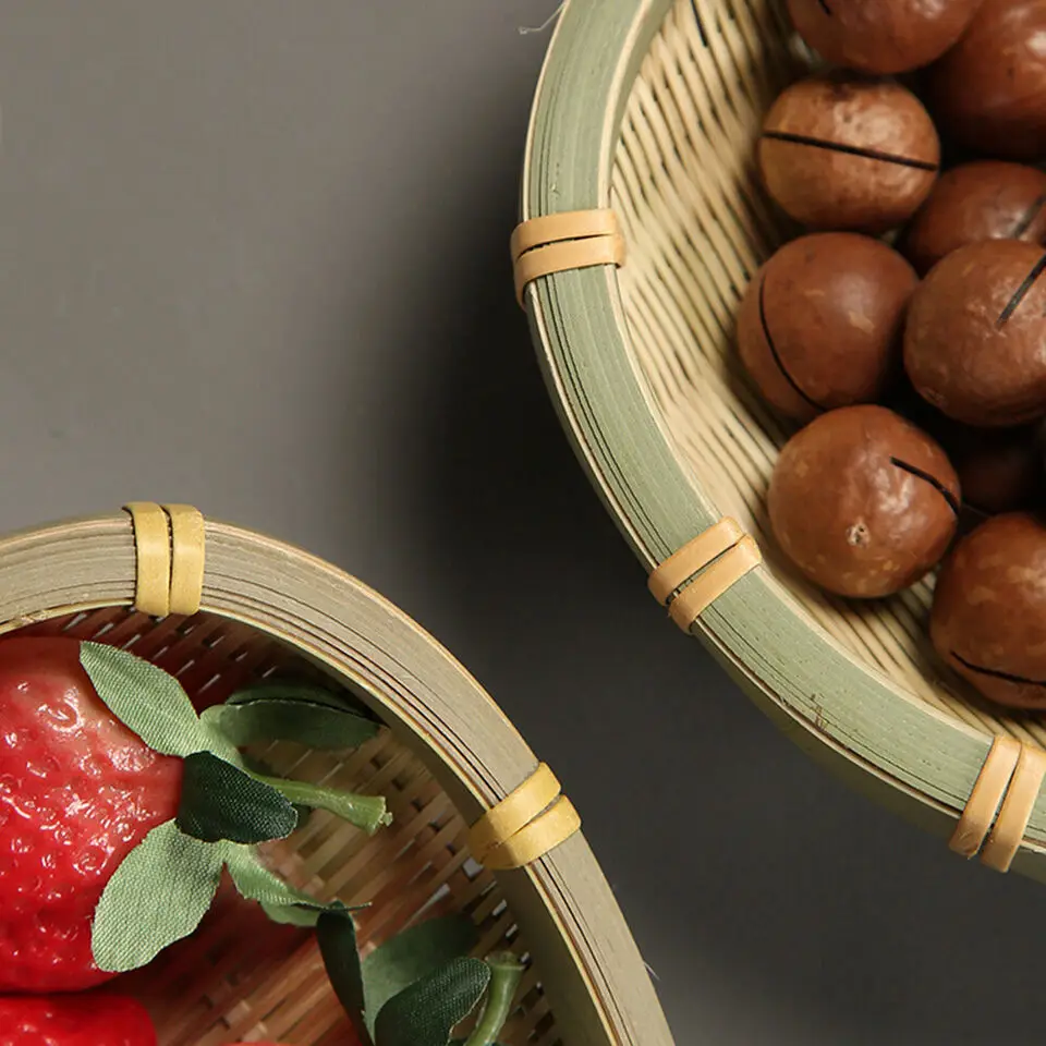 Rustic Minisize Bamboo Basket Mini Hand Woven Food Storage Basket Handicraft Organizer for Homespace, Kitchen Decoration