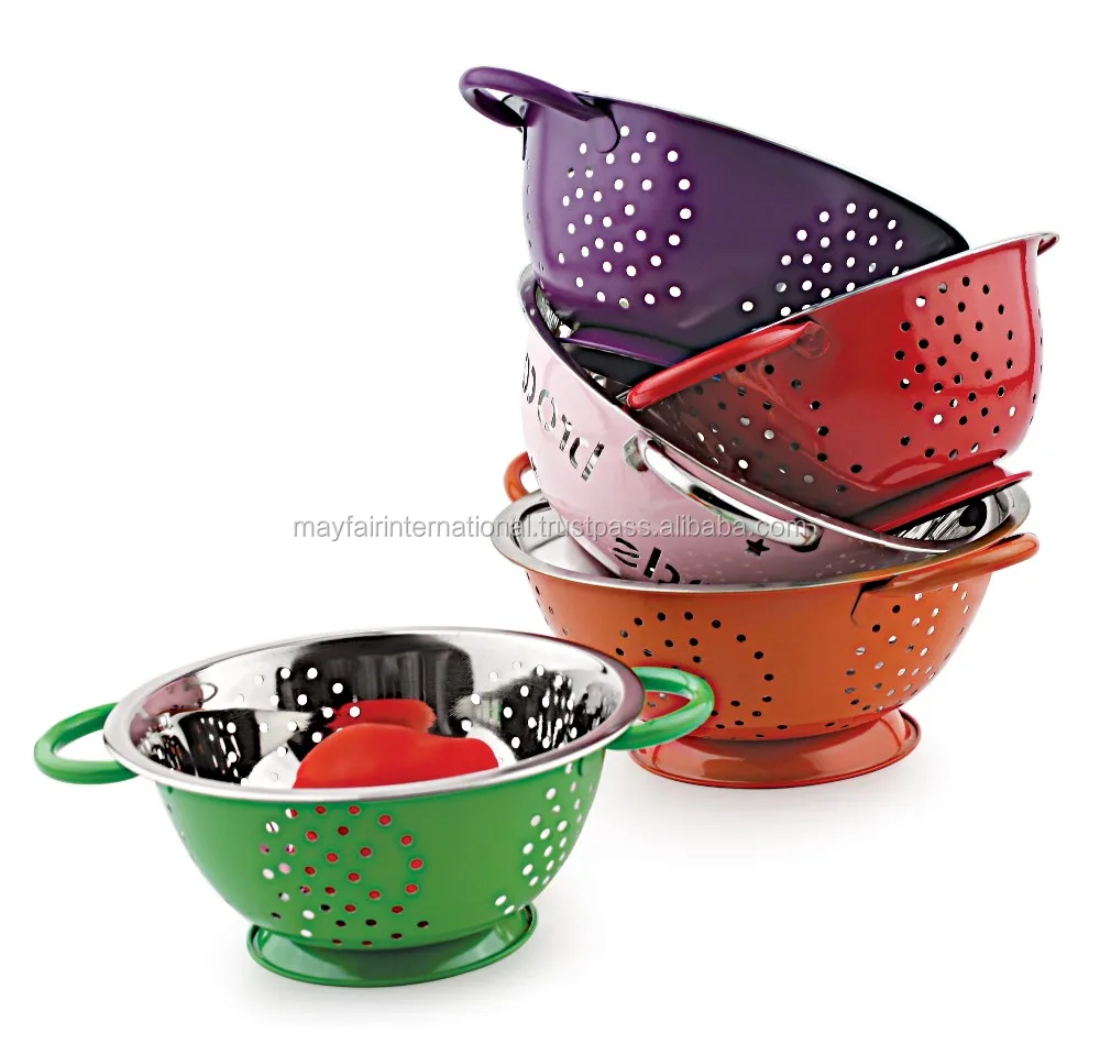 Stainless Steel Set OF 3 PCs Twin Handle Multipurpose Deep Colander With Pink Color For Kitchen