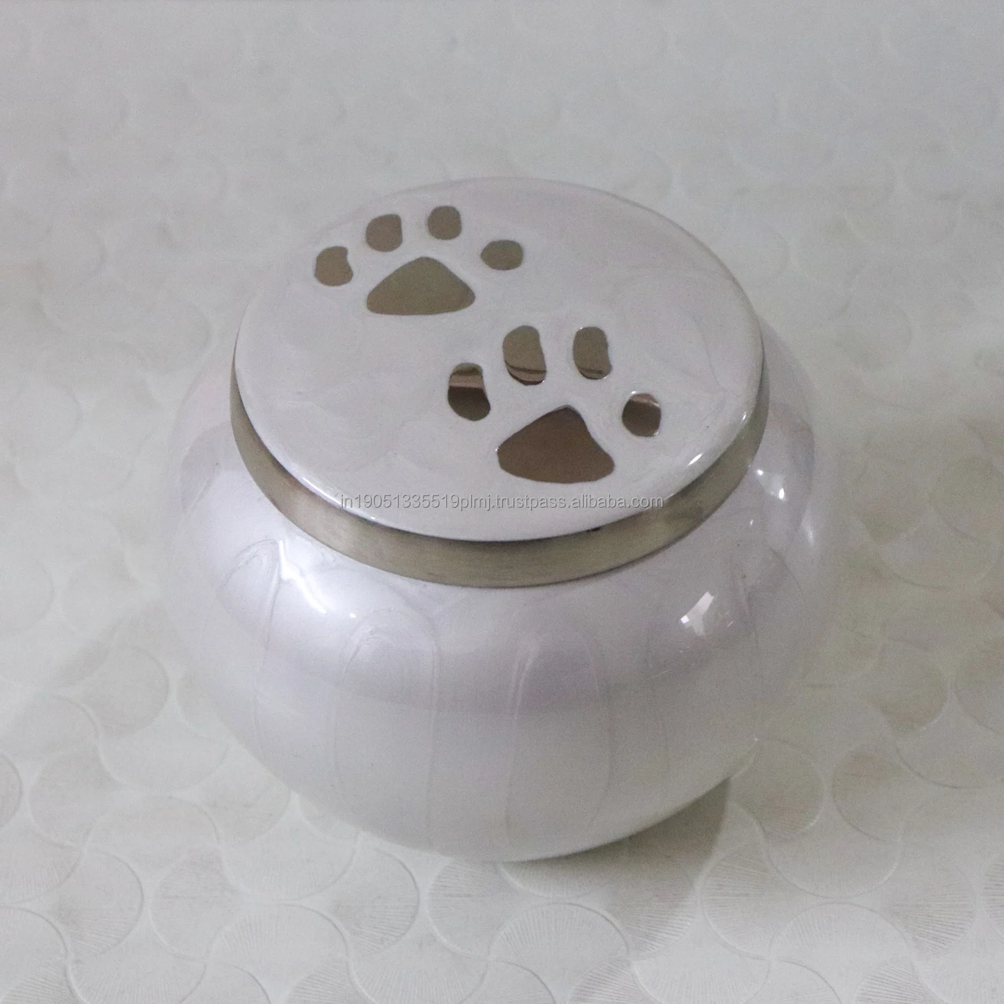 Brass Pearl White Meena Pet Cat Paw Cremation Urn product High Standard Material Handmade best Quality Wholesale Funeral Supplie