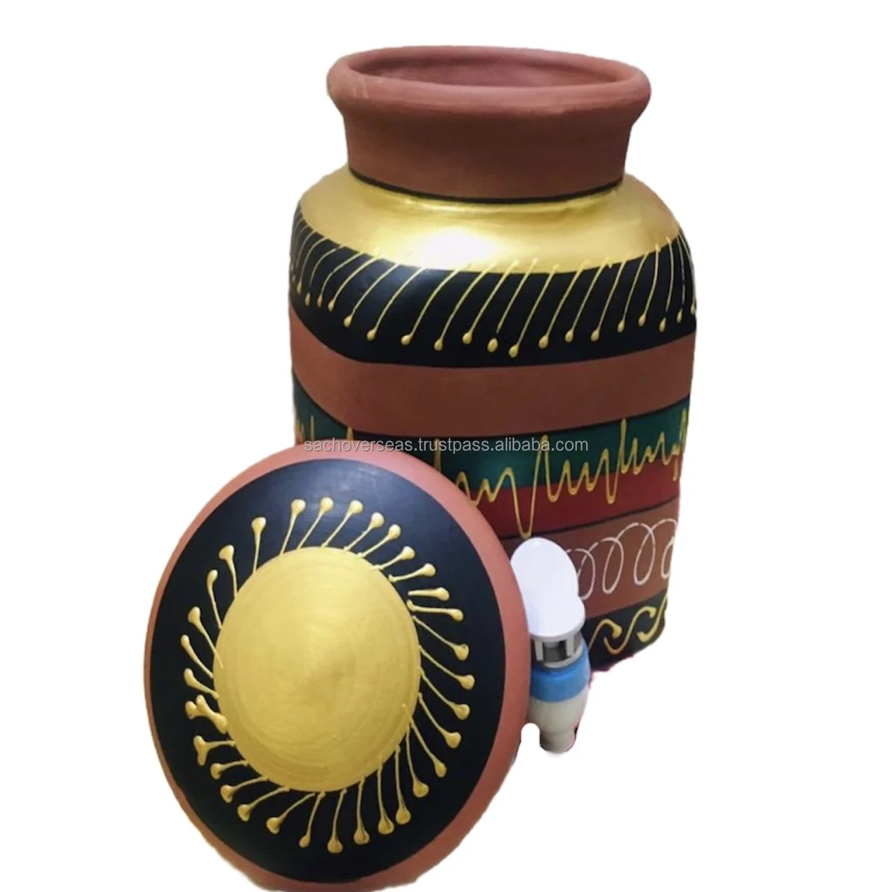 Best Selling Traditional Indian Pottery Terracotta Small Size  Painted Square Water Pot with Tap For Sale