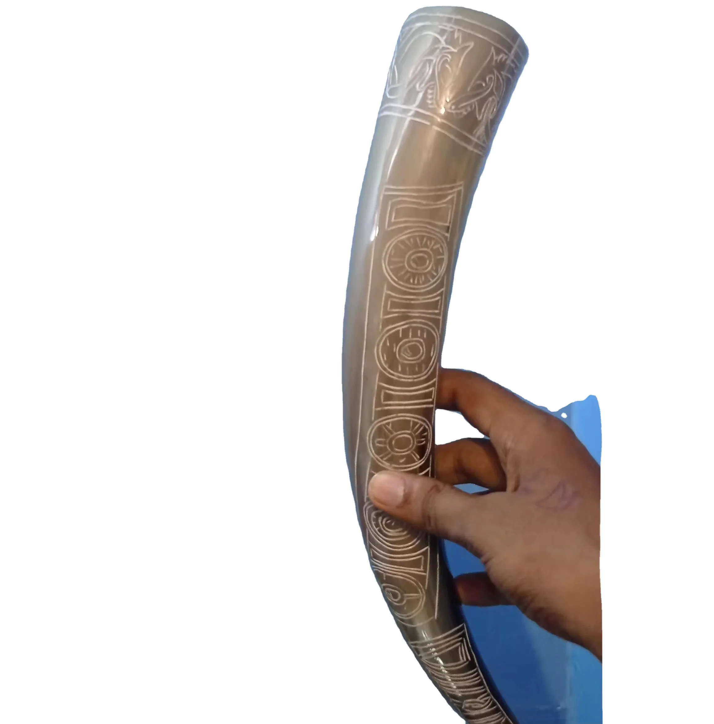 Indian Quality Natural Viking Drinking Horn with Horn Stand Carved Antique Viking Drinking Horn with Brass Rim