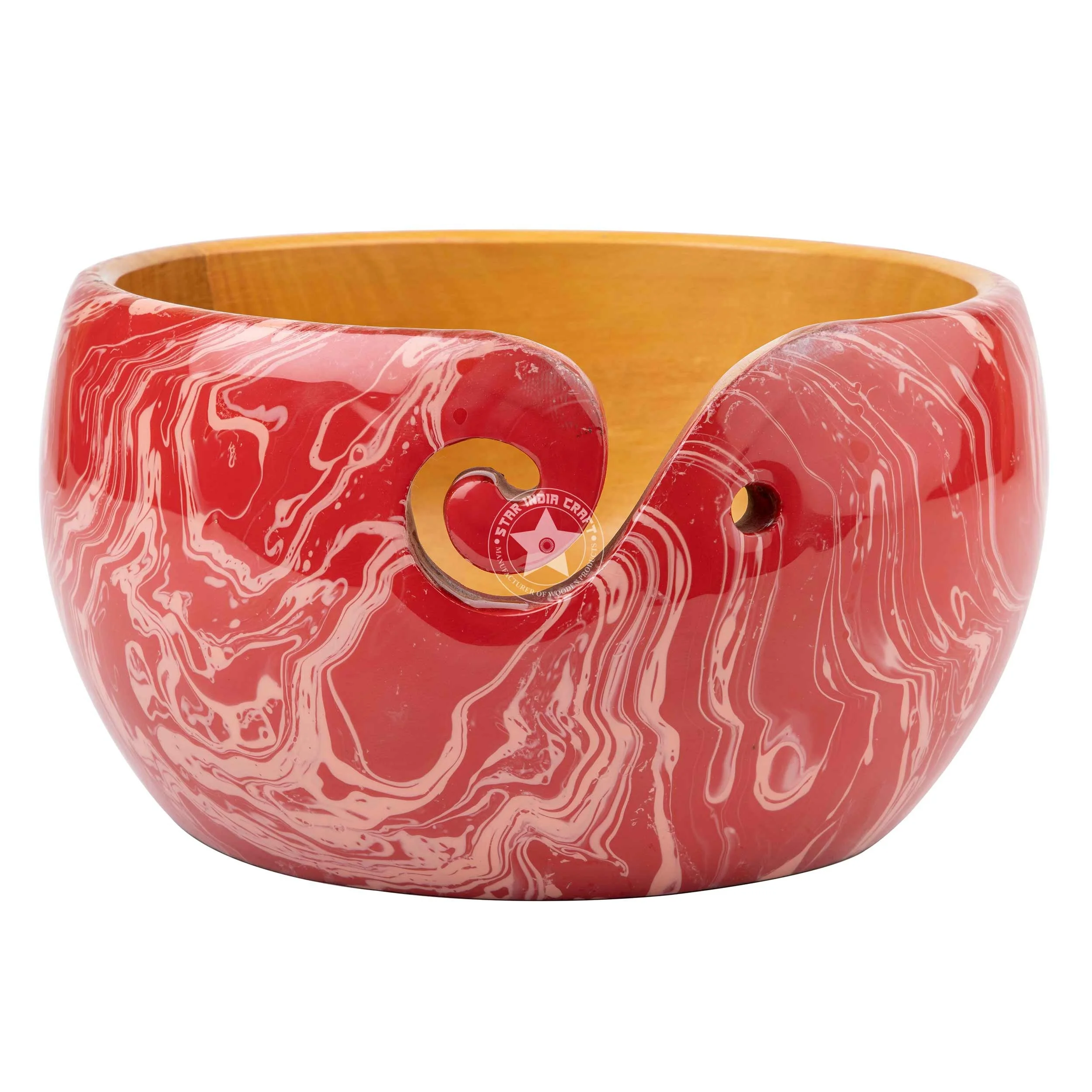 Eco friendly Bowl  handcrafted  Red Dip Color Wooden Handmade Bowl with Hole for Knitting  Perfect for Tangle-Free Knitting.