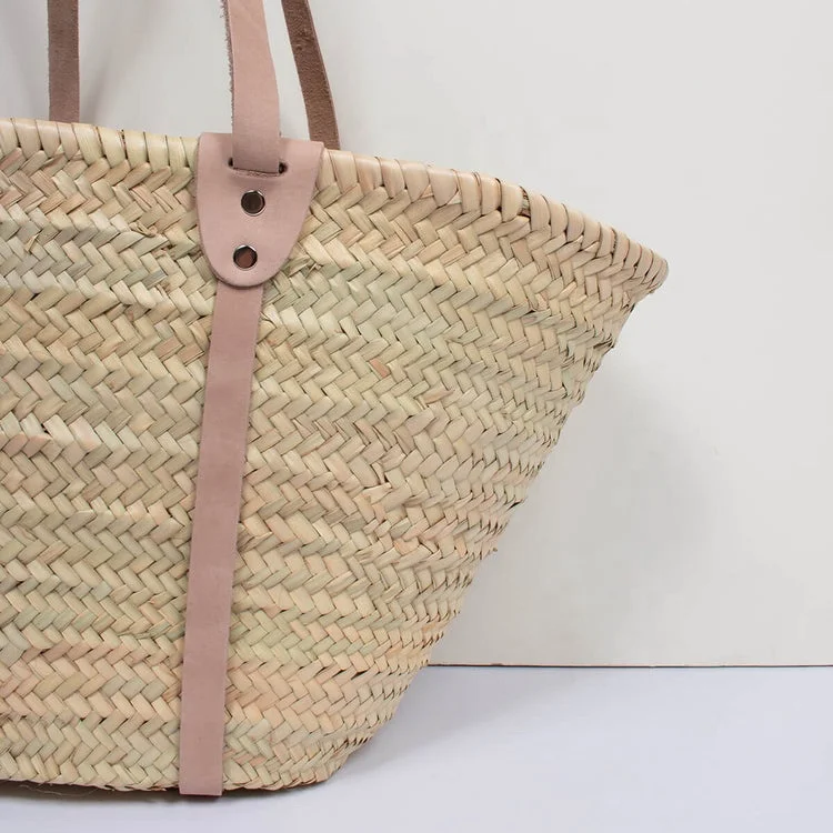Professional manufacturer supply Handwoven Straw Tote bag French Shopping Basket With Leather Handles