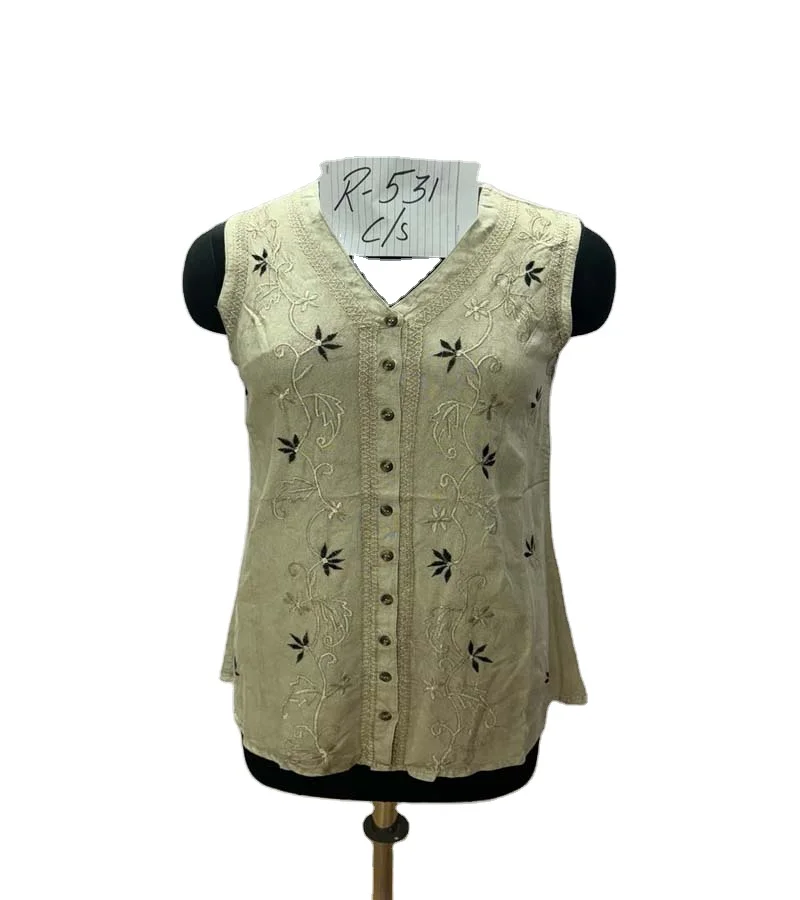 Embroidery Work Cotton Stone Wash Fabric Top Without Sleeve Women Fashion Clothing Fashion Top At Wholesale Prices GC-AP-1310