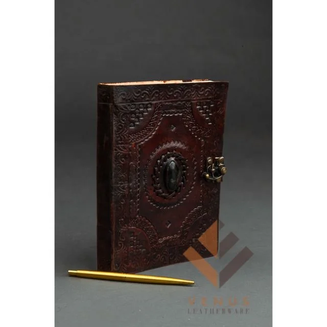 LW Vintage Handcrafted Genuine Leather Embossed Stitched Stoned Diary Leather Note Book 200 Paper
