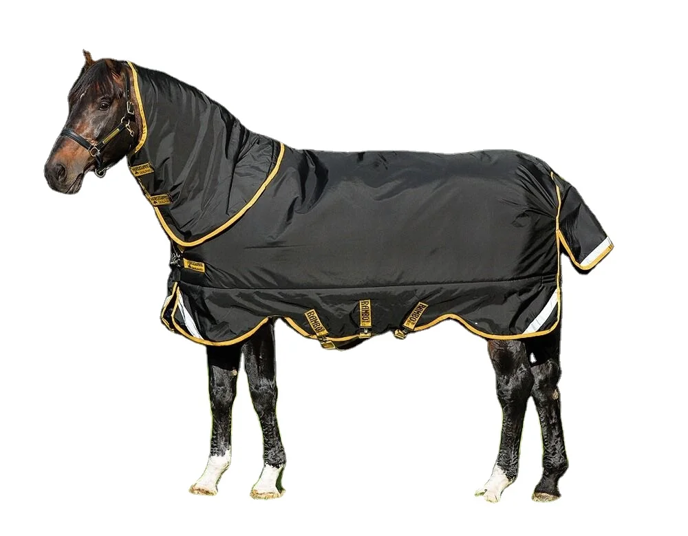 Customized black red equestrian 1200d fabric material waterproof cotton filling quilted stable horse rugs with combo neck cover