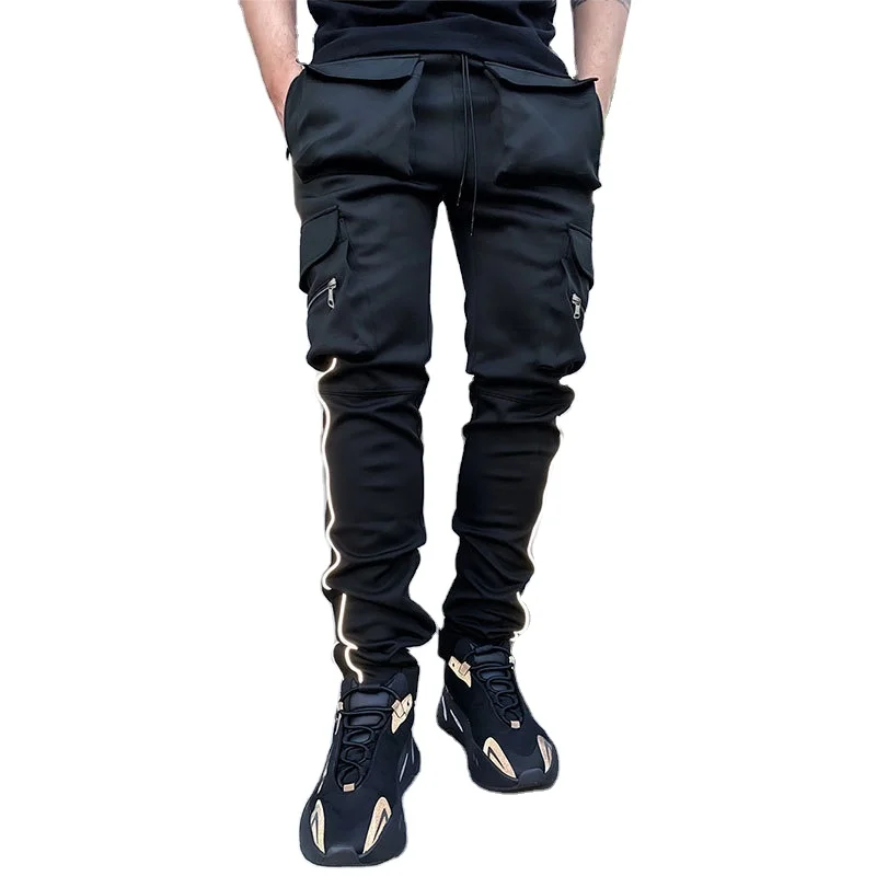 2024 Streetwear Reflective Stripe Cargo Men Stacked Joggers Sweatpants Pants With Pockets Top