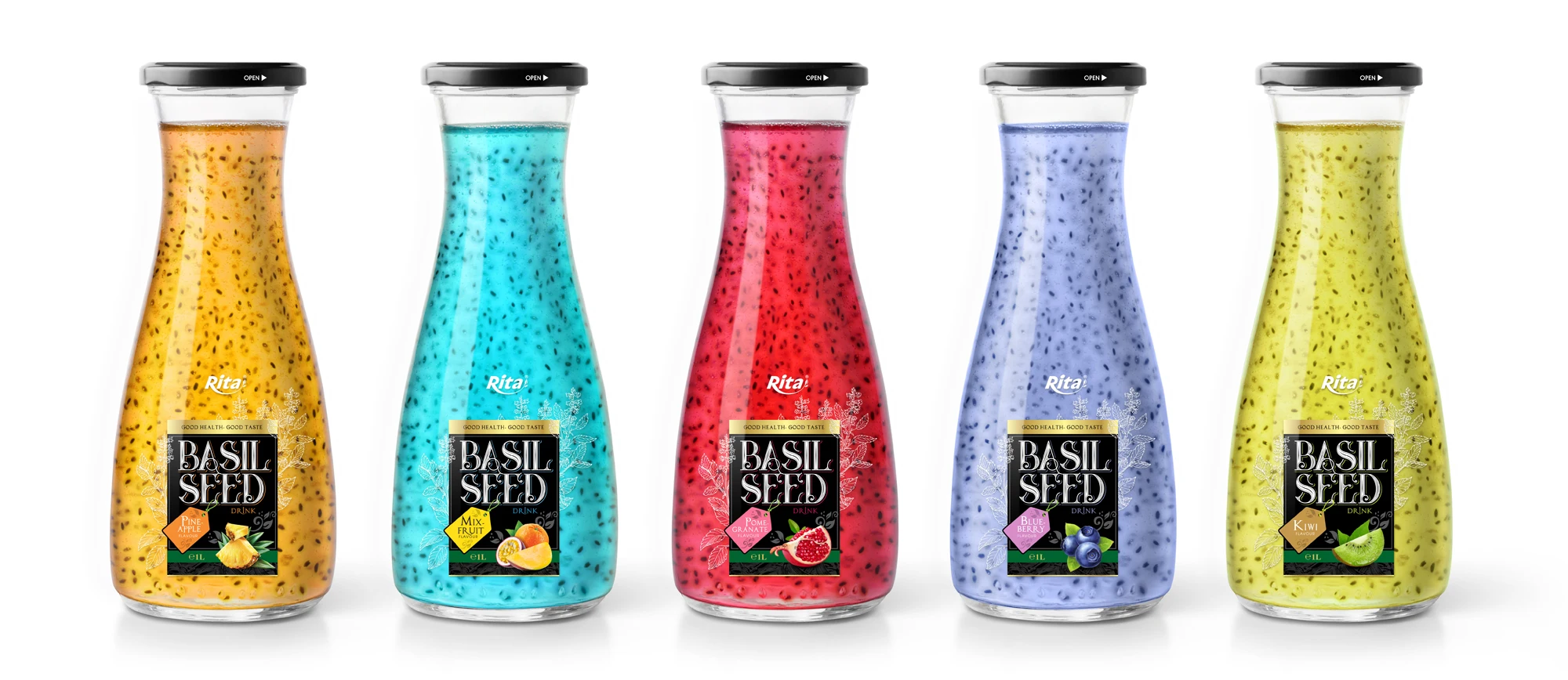Sweet 1L Glass bottle Mix Fruit Flavor Basil Seed Drink Supplier Private Label Add Water Jus Cool Seed Beverage