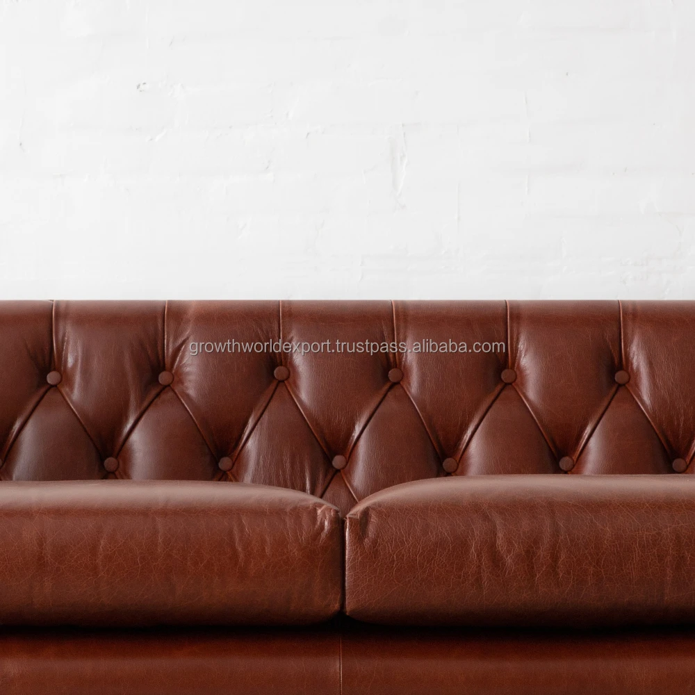 Living room Chesterfield leather Sofa furniture with cushion & Rattan Cane back Quality Leather Daybed Hotel & Home Furniture