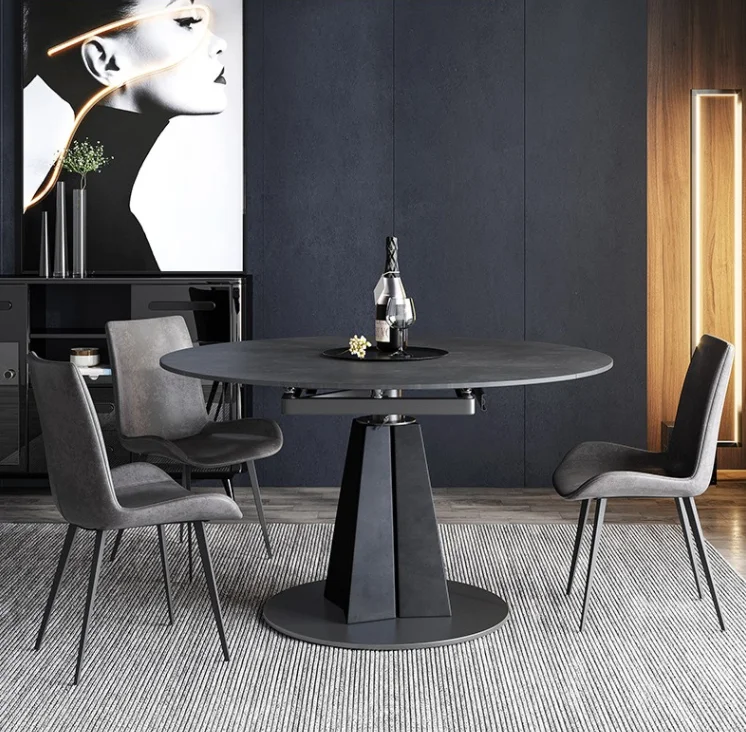 Minimalist Round Marble Sintered Stone Top Steel Metal Legs Base Rectangular Dining Table