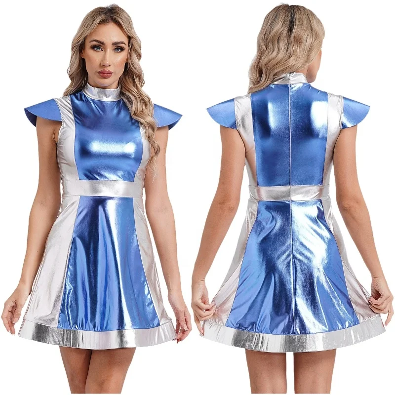 Womens Space Fighter Alien Dress-Up Costume Cap Sleeve Dance Classic Clothes Dress For Halloween Cosplay Adult Dance Clothes