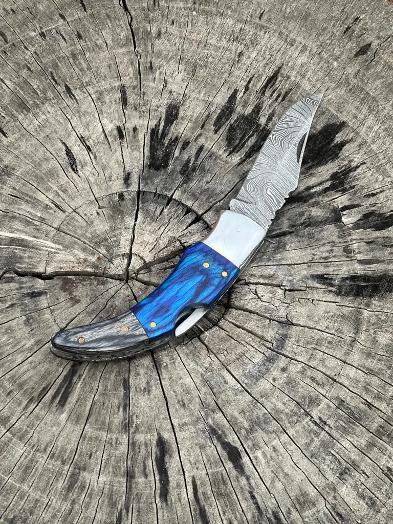 New Custom Handmade Damascus Steel Blade Back Lock Mechanism Folding Pocket Knife With Leather Case