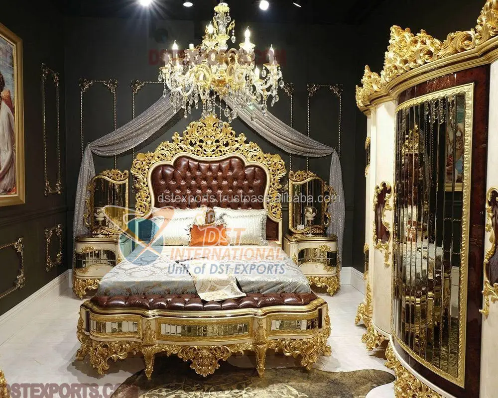 Современная кровать Maharaja большого размера с боковыми табуретами из тикового дерева тумбочками Классическая королевская