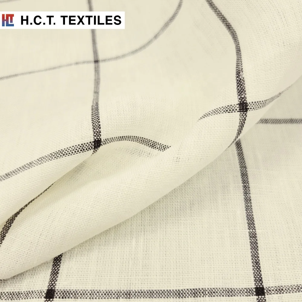 Spring Summer sustainable Plaid windowpane check 165g 100 Linen fabric for dress skirt
