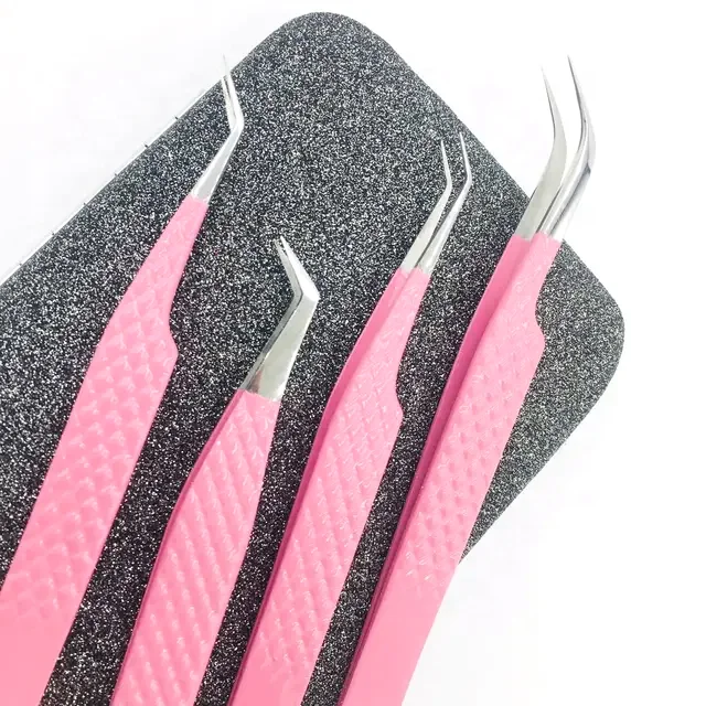 Light Pink Powder Coated Sliver Tips Diamond Grip Solid Eyelash Extension Tweezers Customized Logo Slanted Tips